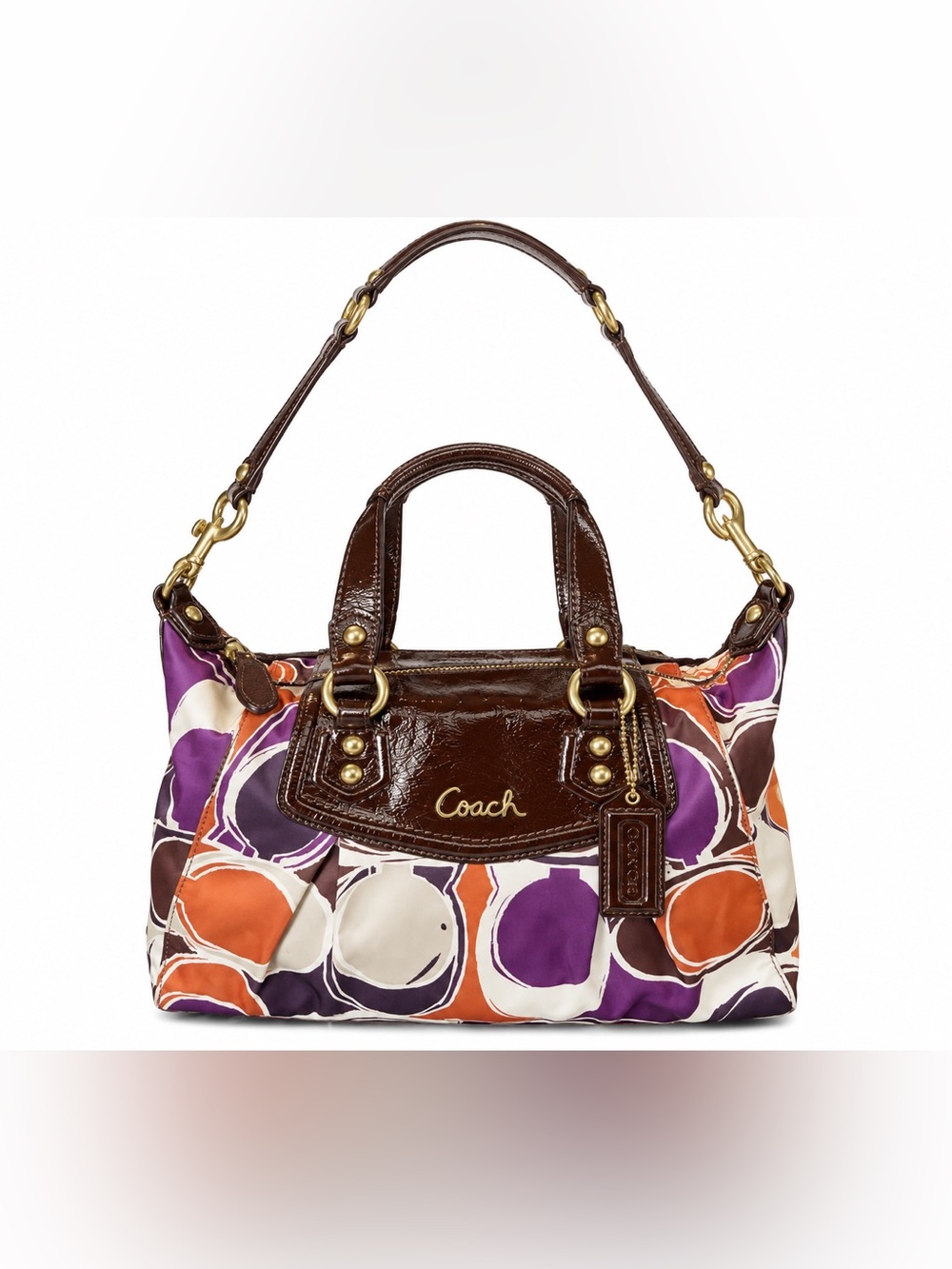 Coach Brown Leather Trim Handbag with Purple, Orange & Cream Circles